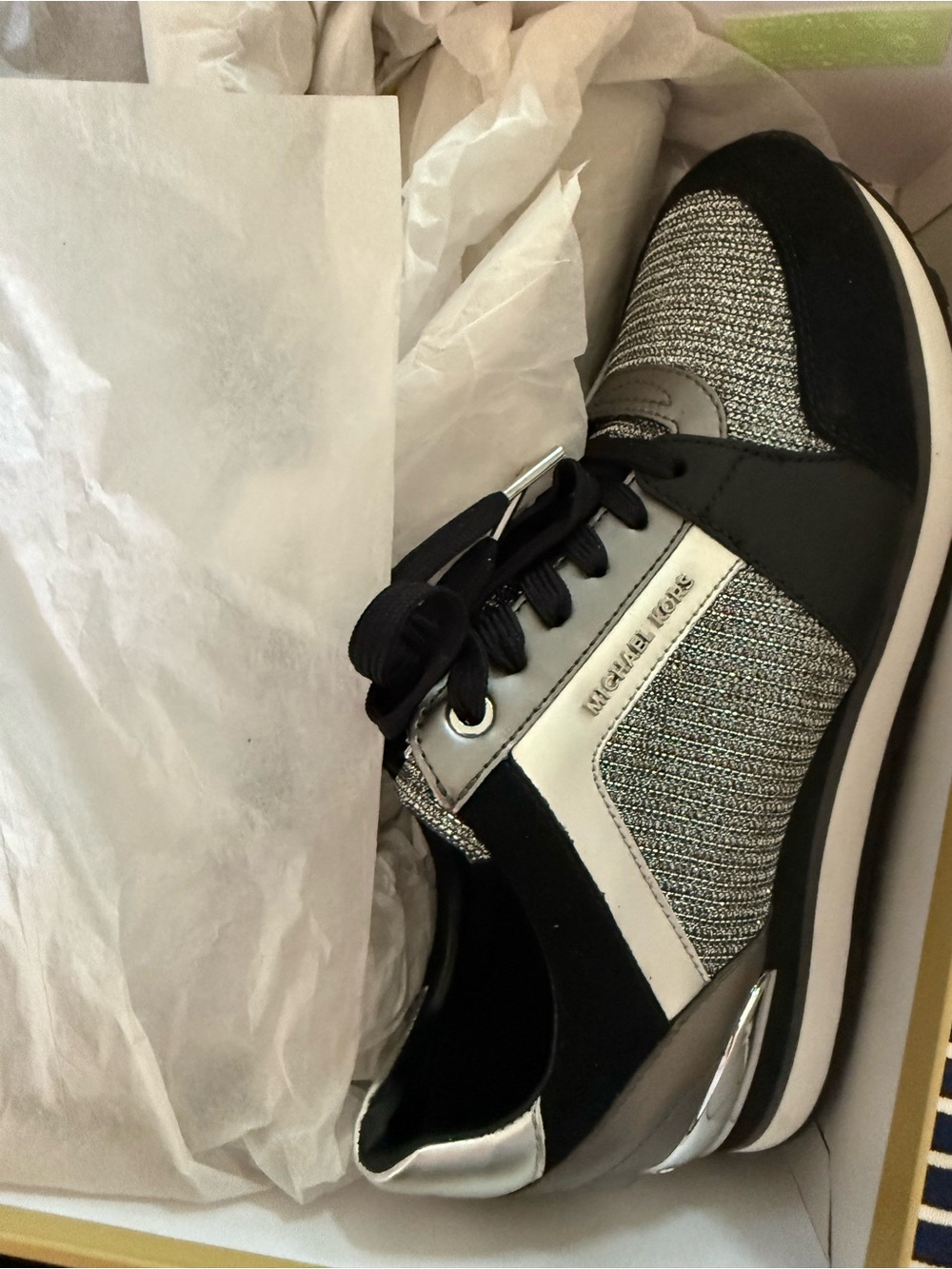 MICHAEL KORS Metallic Black & Silver Knit Trainer Billie Glitter Chain Mesh